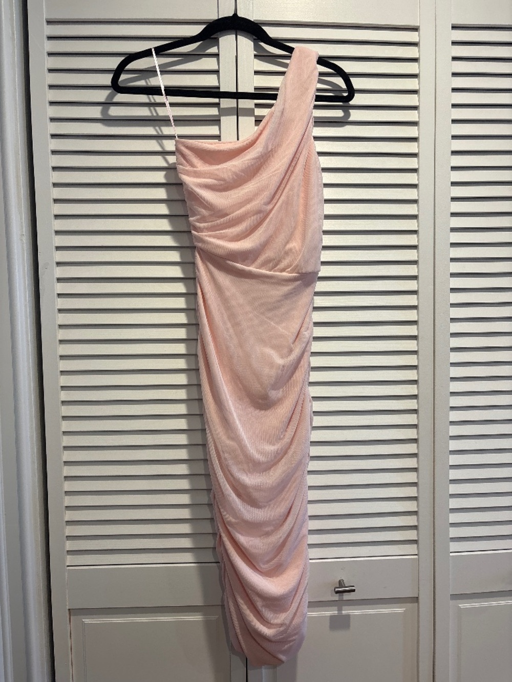 Baby pink one shoulder midi length mesh dress